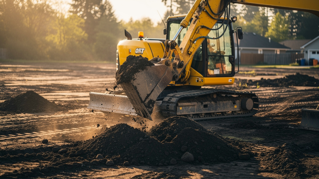 Yellow CAT excavator digging on a residential lot at golden hour